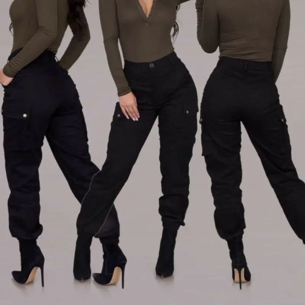 Capris moda feminina calças sólidas militar combate carga calças senhoras lápis preto calças de cintura alta roupas femininas streetwear