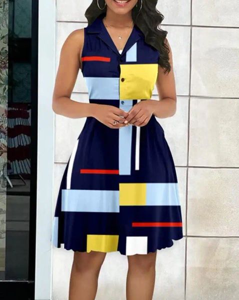 Kleid Frauenkleider 2023 Sommer Mode Geometrische Print -Farbblöcke Buttoned Casual Speed Kragen ärmellose Midi Kleider Y2K Kleidung