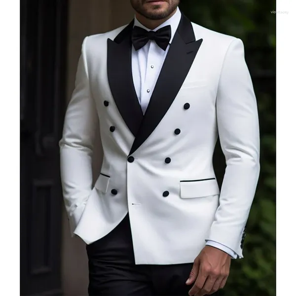 Мужские костюмы, шикарный белый пиджак, черные брюки, шаль с лацканами, комплект из 2 предметов, двубортный элегантный наряд, мужская одежда для выпускного вечера Terno