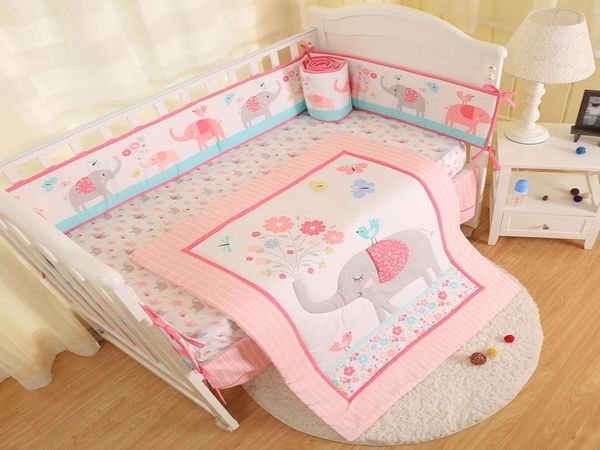 Nova chegada 7 pçs conjunto de cama berço recém-nascido elefante conjunto cama do bebê para a menina conjuntos cama cuna colcha pára-choques saia cabido7915091
