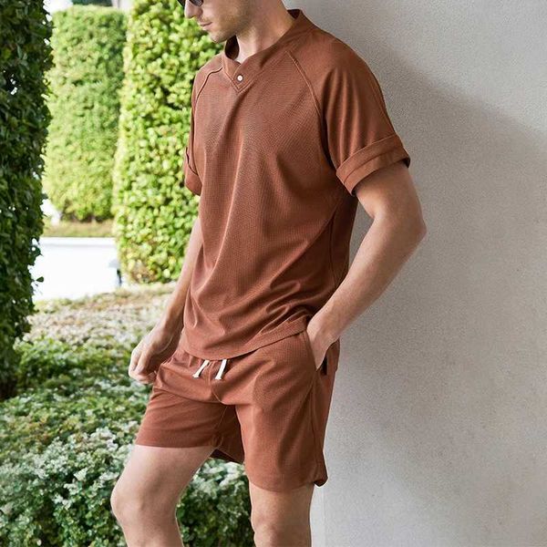 Herren-Trainingsanzüge, neues lässiges, einfarbiges Waffel-Zweiteiler-Set für Herren, Sommer-Stehkragen, kurzärmeliges T-Shirt und Shorts, Herrenmode-Set J240305