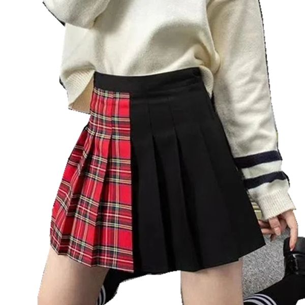 Rock Goth Vintage Harajuku Rock Gothic Patchwork Rot Haig Schwarz und Weiß Plaid Patchwork Punk Plissee Skater Röcke Koreanischen Stil