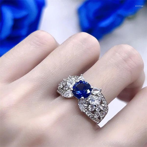 Кольца кластера 2024, женские модные украшения, изысканный королевский синий циркон, камень из белого золота 18 карат, покрытие для свадьбы, винтаж