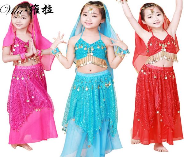 Kind Bauchtanz Kostüm Kleidung tragen Kinder tanzen Kind Kinder Geschenk indischen Tanz 4 Stück TopSkirtHeadbandBracelet5 Farben5146335