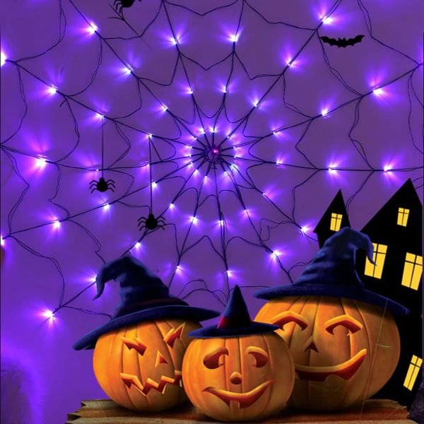 Led halloween luz aranha web decoração luzes 8 modos de controle remoto aranha net lâmpada atmosfera decorativa festa luz