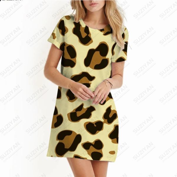 Vestido 2023 novo verão nova moda sexy leopardo impressão 3d impresso praia saia em torno do pescoço pulôver manga curta casual aline saia