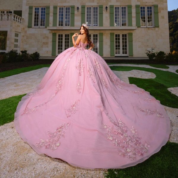 Abito Quinceanera rosa lucido di lusso con spalle scoperte Applique in pizzo perline Tull Abiti dolci 15 De XV Anos XV Brithday Abito dolce 16