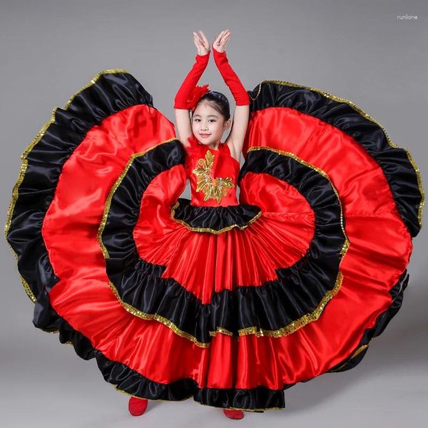Palco desgaste 2024 traje espanhol menina longo vermelho flamenco vestido trajes para crianças roupas de salão saia meninas criança vestidos de dança