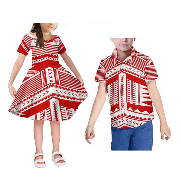 Abito rosso Hawaii abbinato a camicia Samoa per bambini Camicia per ragazzini Ragazza tribale polinesiana Samoa Abbigliamento carino