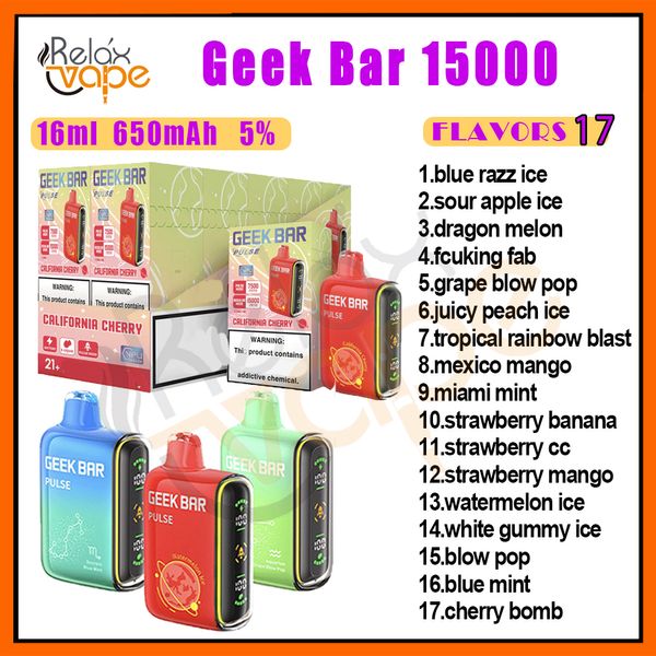 Original Geek Bar 15000 Puff Descartável Vape Pen Tech E Cigarros 650mAh Bateria 17 Sabores 5% Nível 16ml Pod Cartucho VS 15000 Puffs Dispositivo Kits Estoque