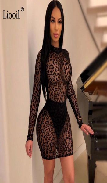 Liooil Sexy Black Lace Sheer Mini Bodycon Dress Sexy Club Outfits 2019 Manga Longa Ver Através de Vestidos Apertados Mulher Festa Noite Y202921096