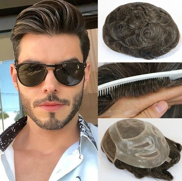 Peruca de cabelo humano natural masculino, sistema de substituição de cabelo frontal com renda francesa, perucas mono fina para homens, 2020