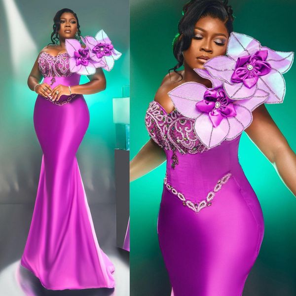 2024 africano plus size vestidos de baile longos vestidos de noite fúcsia um ombro strass vestidos formais sereia feito à mão flores vestido de aniversário para mulheres negras NL598