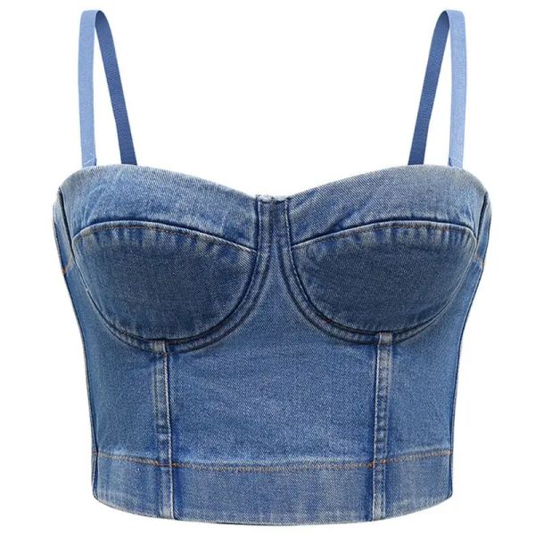 Canottiere da donna con spalline staccabili Crop Top retrò denim push up bustier corsetto Club Camis 23GE