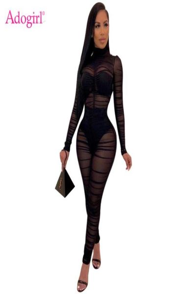 Adogirl Donna Sexy Nero Sheer Mesh Increspato Tuta Collo alto Manica lunga Slim Pagliaccetto Night Club Tuta Moda Body7198613