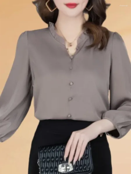 Blusas femininas de alta qualidade seda babados elegante blusa coreano moda sólida magro escritório senhora casual camisa manga longa chique topos