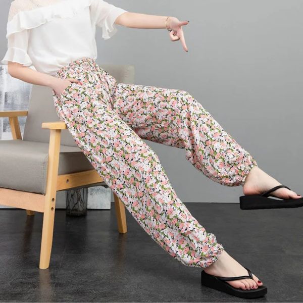 Capris Pantaloni da donna nuovi estivi Pantaloni da spiaggia in seta di cotone Moda retrò Casual Legare i piedi Pantaloni harem Bloomers Pantaloni repellenti per zanzare