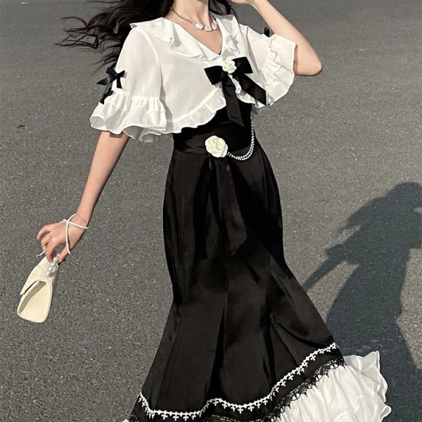 Kleid Vintage Gothic Spaghetti Gurt Meerjungfrau Kleid Frauen Sommer elegantes französisches ärmelloses Rückenfreies Kleid+süße Lolita Rüschen Crop Top