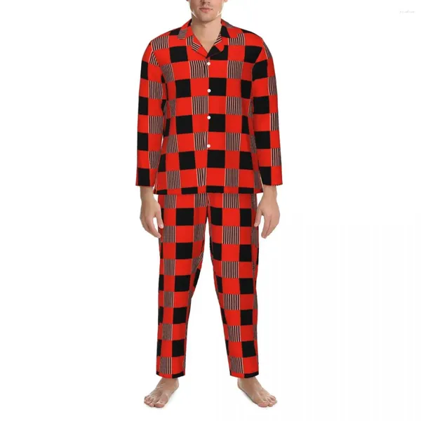 Herren-Nachtwäsche, hartes Gingham-Herbst-Rot und Schwarz, ästhetische Oversize-Pyjama-Sets, langärmelig, warme Nacht-Design-Nachtwäsche