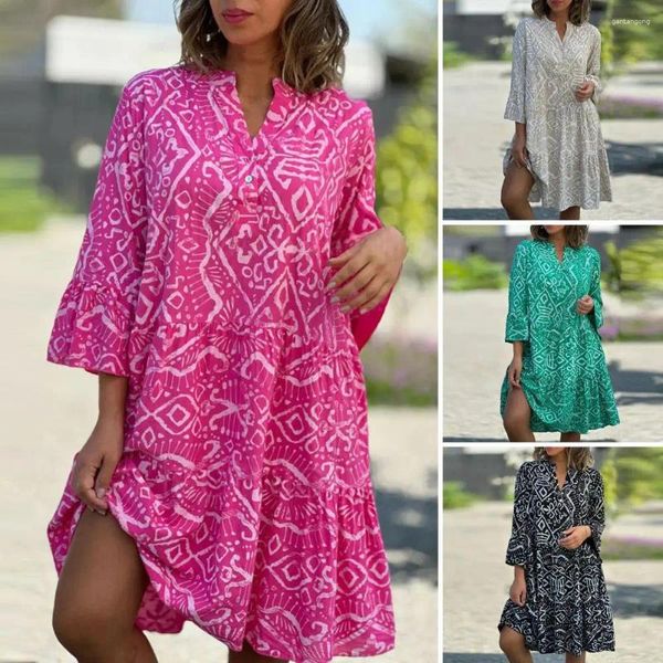 Lässige Kleider Midikleid Retro-Druck Bohemian Geometrisch mit Dreiviertelärmeln A-Linie Patchwork-Design für Frauen