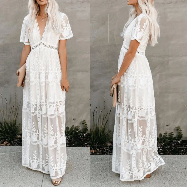 Vestido 2023 verão boho mulheres maxi vestidos soltos bordados renda branca longo túnica vestido de praia férias roupas femininas