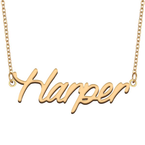 Harper Namenshalsketten-Anhänger für Frauen, Freundin, Geschenke, individuelles Namensschild, Kinder, beste Freunde, Schmuck, 18 Karat vergoldeter Edelstahl