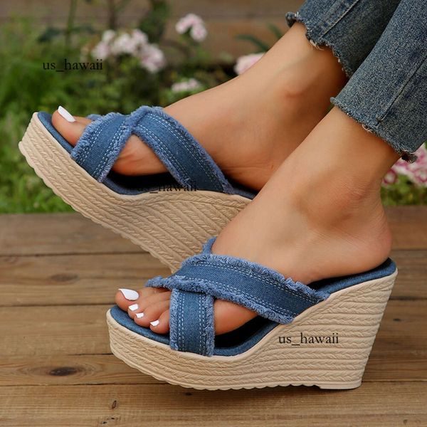 Sandálias femininas de cunha alta com alça cruzada, verão 2023, azul denim, sandálias plataforma grossas, antiderrapantes, sola grossa, chinelos