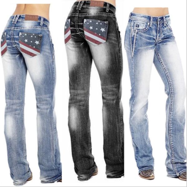 Jeans Frau Jeans Femme Hohe Taille Kleidung Amerikanische Flagge Stretch Gewaschen Bootcut Mom Jeans Ropa Mujer Vintage Hosen Denim Pantalon