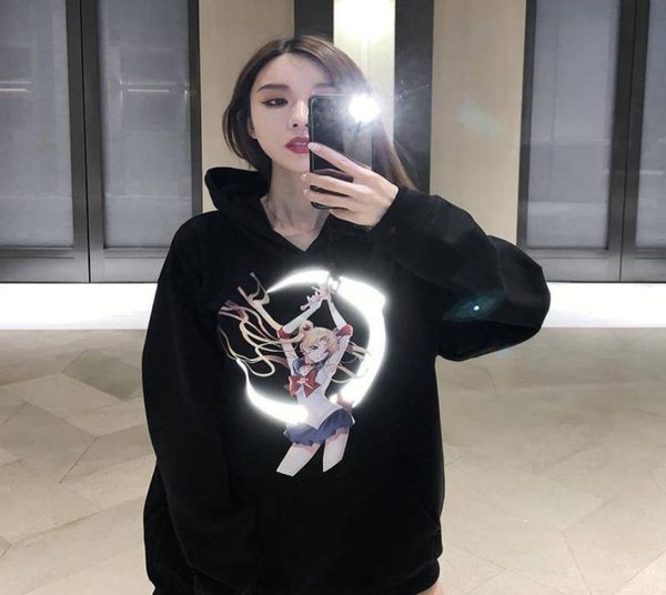 Harajuku japonês dos desenhos animados impressão reflexiva hoodies feminino punk oversize moletom pulôver streetwear marinheiro lua moletom com capuz menina mx205476647