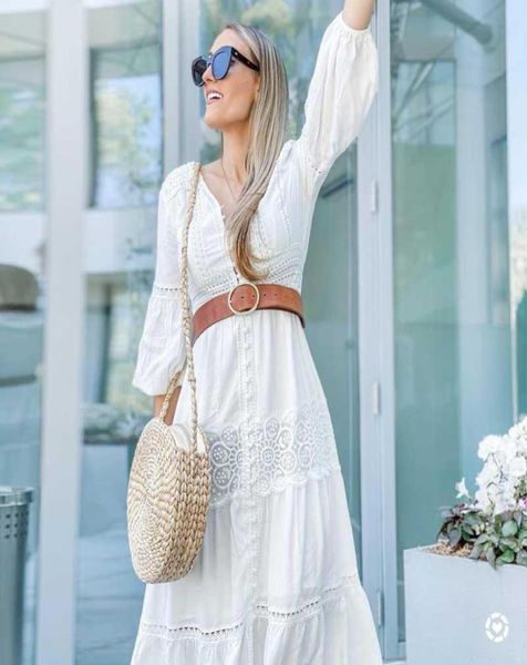 Super CHIc BOTTONE GIÙ CROCHET RICAMATO BOHO MAXI ABITO Manica lunga Primavera Autunno Per le donne Abiti casual in cotone8639094