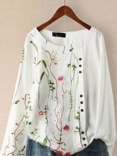 Hemd Mode Neue Koreanische Stil Frauen Tops Blusen Frühling Herbst Baumwolle Leinen Floral Stickerei ONeck Casual Büro Hemd Damen Tops