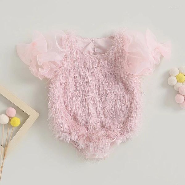Комбинезоны для новорожденных девочек, комбинезон с перьями и кисточками, милый розовый сетчатый комбинезон с короткими рукавами-фонариками, милые летние боди для малышей, одежда