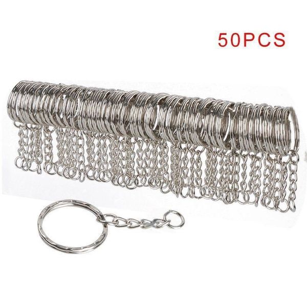 50 pçs 25mm polido prata cor chaveiro anel dividido com corrente curta chaveiros feminino masculino diy chaveiros acessórios c19012345