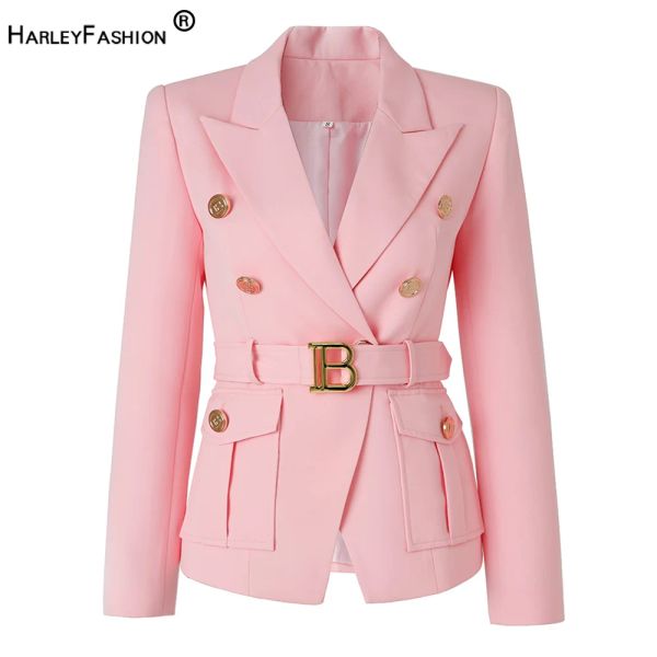 Blazer Design straordinario Abbigliamento da lavoro Office Lady Luxury OL Quality Tasche Blazer con cintura Giacca formale rosa baby per le donne