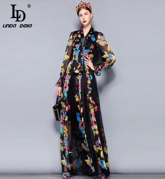 LD LINDA DELLA Runway Maxi vestito Plus size Women039s Manica lunga Colletto con fiocco Stampa floreale vintage Chiffon Party Holiday Long Dre4292504