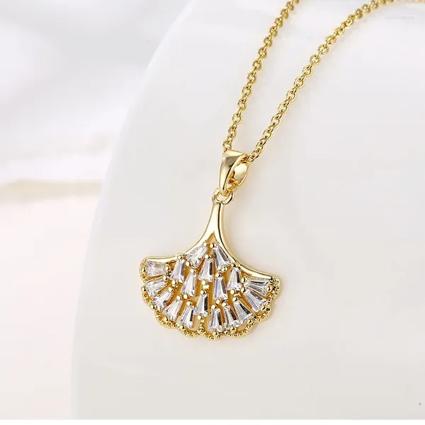 Anhänger Halsketten Edelstahl Kette Klassisch Glänzend Zirkon Ginkgo Blatt Halskette Für Frauen Dame Vintage Schmuck Zubehör Geschenke