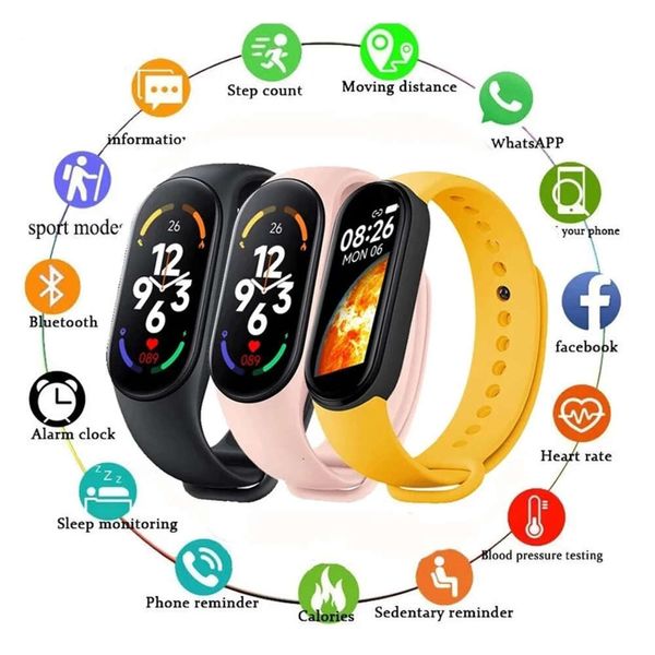 2023 Nuovo M7 Smart Watch Frequenza cardiaca Smartwatch Fiess Tracker Bracciale per la pressione sanguigna Fascia sportiva impermeabile per uomo Donna