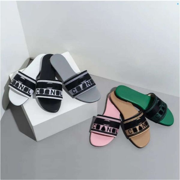 Tecido de luxo bordado slide chinelos designer slides para mulheres verão praia caminhada sandálias cinza preto rosa bege moda salto baixo plana chinelo sapatos tamanho 36-42