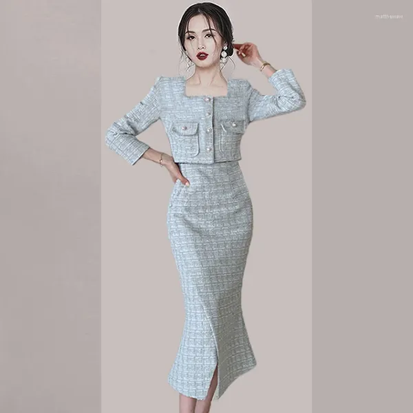 Arbeitskleider Damen Blau Weiß Plaid Tweed Zweiteiliges Set Herbst Winter Quadratischer Kragen Perlenknopf Kurzmantel Split Langer Meerjungfrau Rock Anzug