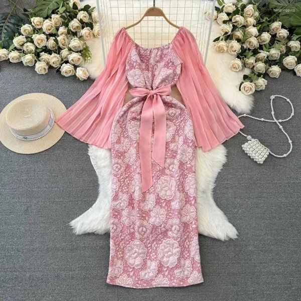 Abiti casual Vintage Primavera Rosa Jacquard Patchwork Pieghe Mantello Manica Abito Elegante Donna O Collo Lace Up Aderente Split Midi Vestidos