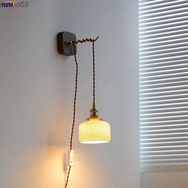 Lâmpada de parede iwhd japão estilo moderno led lâmpada de parede arandela ue eua plug em cerâmica abajur base madeira quarto sala estar luz wandlamp