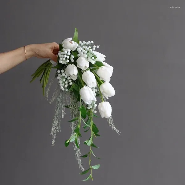 Fiori nuziali NZUK Cascata Artificiale Bouquet da azienda Mughetto Tulipano Bianco Finto Ramo Naturale Novia