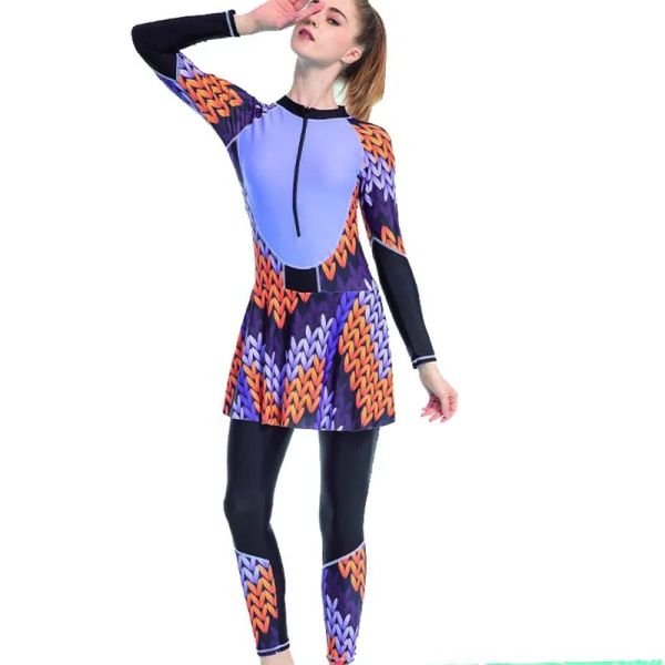 Costume da bagno donna intero corpo intero manica lunga costume da bagno Rash Guard cerniera anteriore costume da bagno musulmano abito da bagno vintage retrò muta