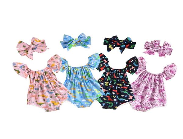 Retailwhole bebê menina dinossauro impresso borlas romper 2 pçs conjunto com arco bandana macacões macacão onepiece onesies rompers3017728