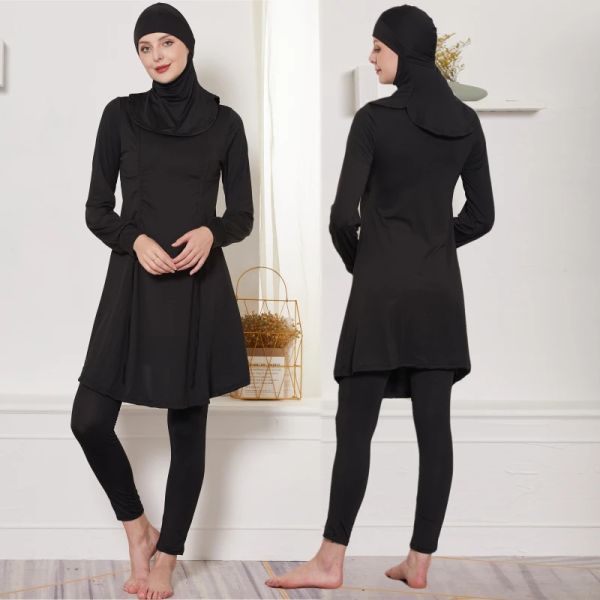 Costumi da bagno 3 pezzi Costumi da bagno neri Copertura completa Donna Musulmana Islamica Spiaggia Costume da bagno Burkini Set con cuffia Hijab Costume da bagno arabo