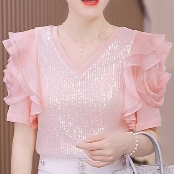 Bluse Neue Frühling Sommer Tops Frauen Kurzarm Lose V-ausschnitt Pullover Rüschen Büro Dame Koreanischen Stil Einfarbig Mode bluse