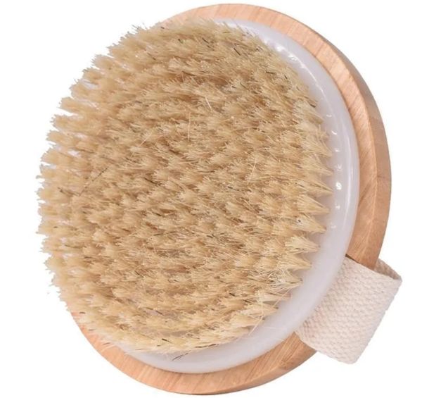 Escova redonda de cerdas de javali natural, escova de massagem para circulação de celulite, spa, alça de bambu, chuveiro, escova corporal, massagem nas costas 589qh