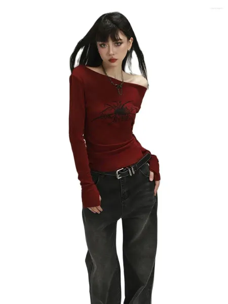Camisas femininas em 2024 chique doce slash pescoço oblíquo fora do ombro camisa mulheres manga longa estiramento rpint magro sexy gótico grunge vermelho