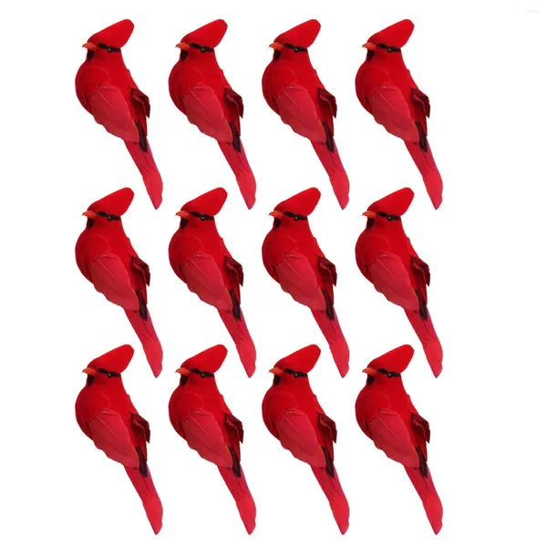Noel dekorasyonları 12 adet klipsli yapay kırmızı kardinal süslemeler tüylü kuş Noelleri