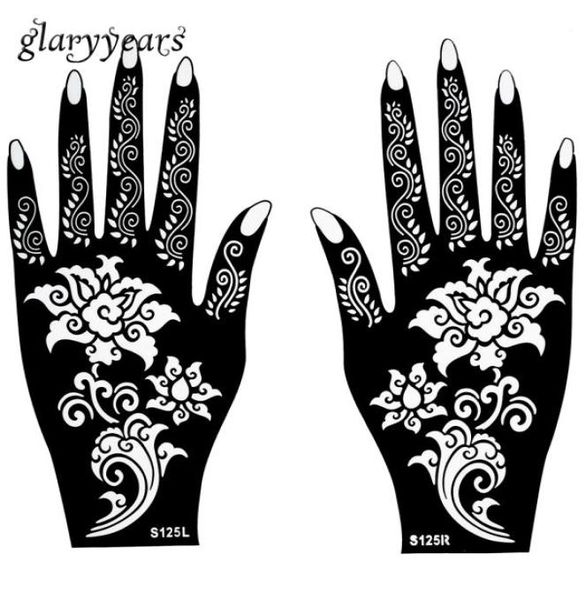 Ganzes 1 Paar Henna-Tattoo-Schablonen, wunderschönes Blumenmuster-Design für Frauen, Körper, Hände, Mehndi, Airbrush-Kunst, Malerei, 20 19173798